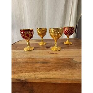 Vintage Ornate Mini Chalice Set 4 Small Gold Red Baroque Filigree Rhinestone 3in